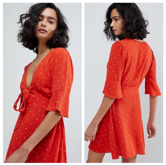 Free People Dresses & Skirts - Free People All Yours Polka Dot Plunging Neckline Mini Dress Orange Size 10